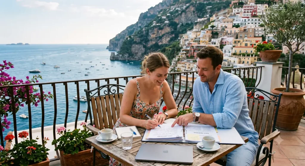 Expat financial advisor helping a couple plan their move to Europe